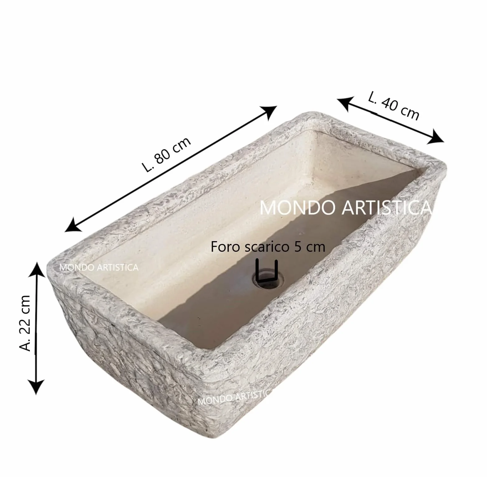 Lavandino, Lavabo, Pilozzo, Vasca Unica, Fontana Da Esterno, Per Giardino Altezza 22 cm, Larghezza 80x40 Cm, In Cemento Bianco E Polvere Di Marmo, Colore Sfumato Grigio