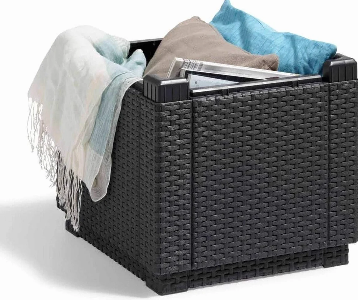 ALLIBERT JARDIN Tavolo cubo finto rattan intrecciato con contenitore da 60 l, 42 x 42 x 39 cm, colore: grafite