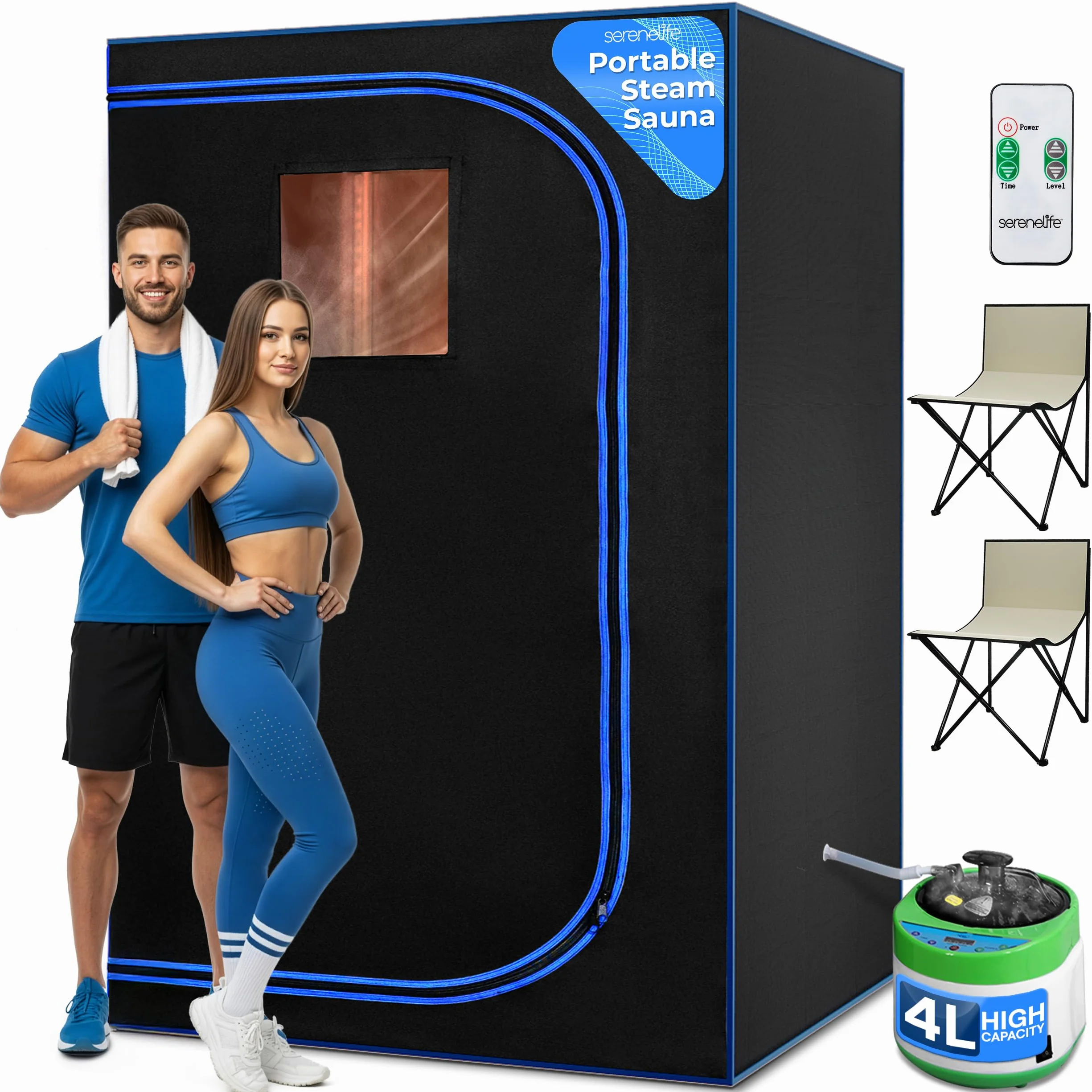 SereneLife Sauna a Vapore Portatile con Sedia e Telecomando, Bagno Turco, Infrarossi Tappetino Scaldapiedi, Nera
