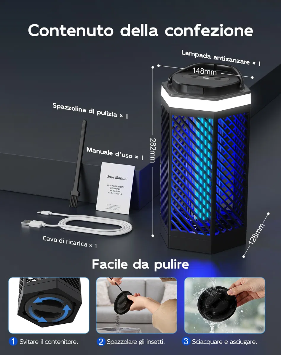 Lampada Antizanzare Elettrica Ricaricabile 8000mAh, Ammazza Zanzare 3 in 1 con Luce LED e RGB, 2000V Trappola per Insetti da Esterno e Interno, IPX4 Impermeabile per Casa, Camping