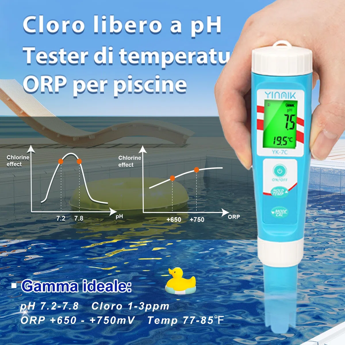YINMIK Misuratore Digitale di pH e Cloro, Penna per Test Piscina con Soluzione di Calibrazione