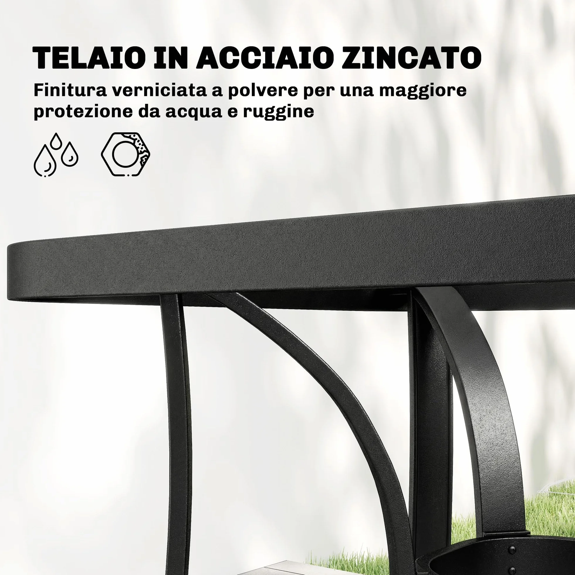 Outsunny Set Tavolo e Sedie da Giardino 5 Pezzi, Set Pranzo Esterno con 4 Sedie Impilabili Texteline, Tavolo Vetro Temperato, Foro Ombrellone, Acciaio, Grigio Chiaro