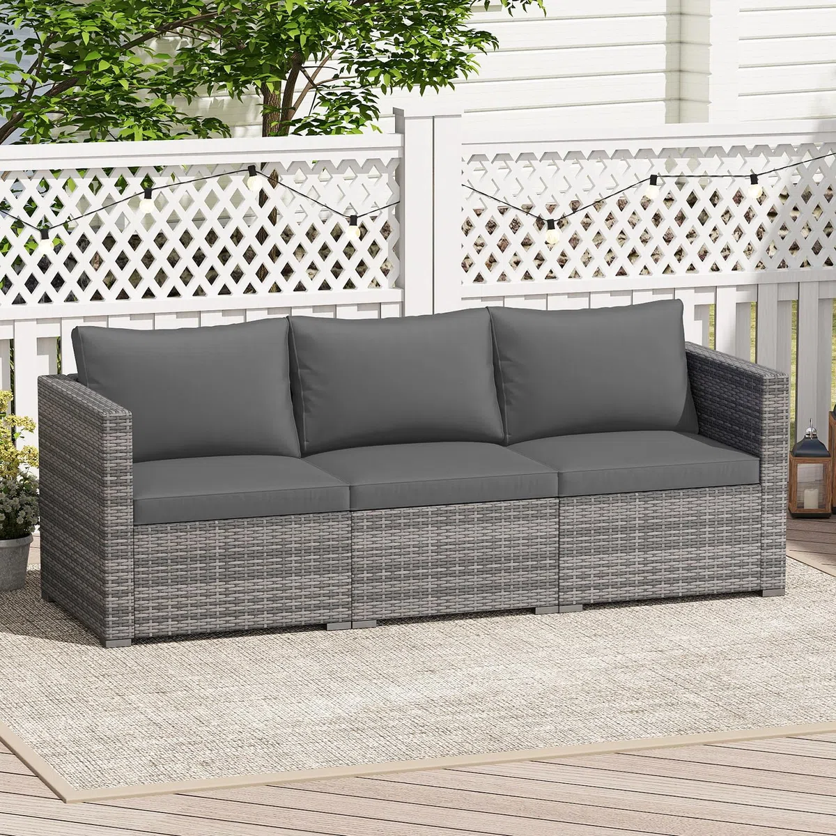 GIANTEX Divano da Giardino a 3 Posti in Rattan con Cuscino Imbottito, Mobili per Terrazza e Balcone, Colore Beige/Grigio, 193 x 67 x 61,5 cm (Grigio)