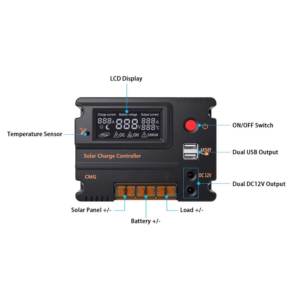Solar Charge Controller 20A 12V 24V PWM LCD Schermo Protezione Sovraccarico CMG-2420