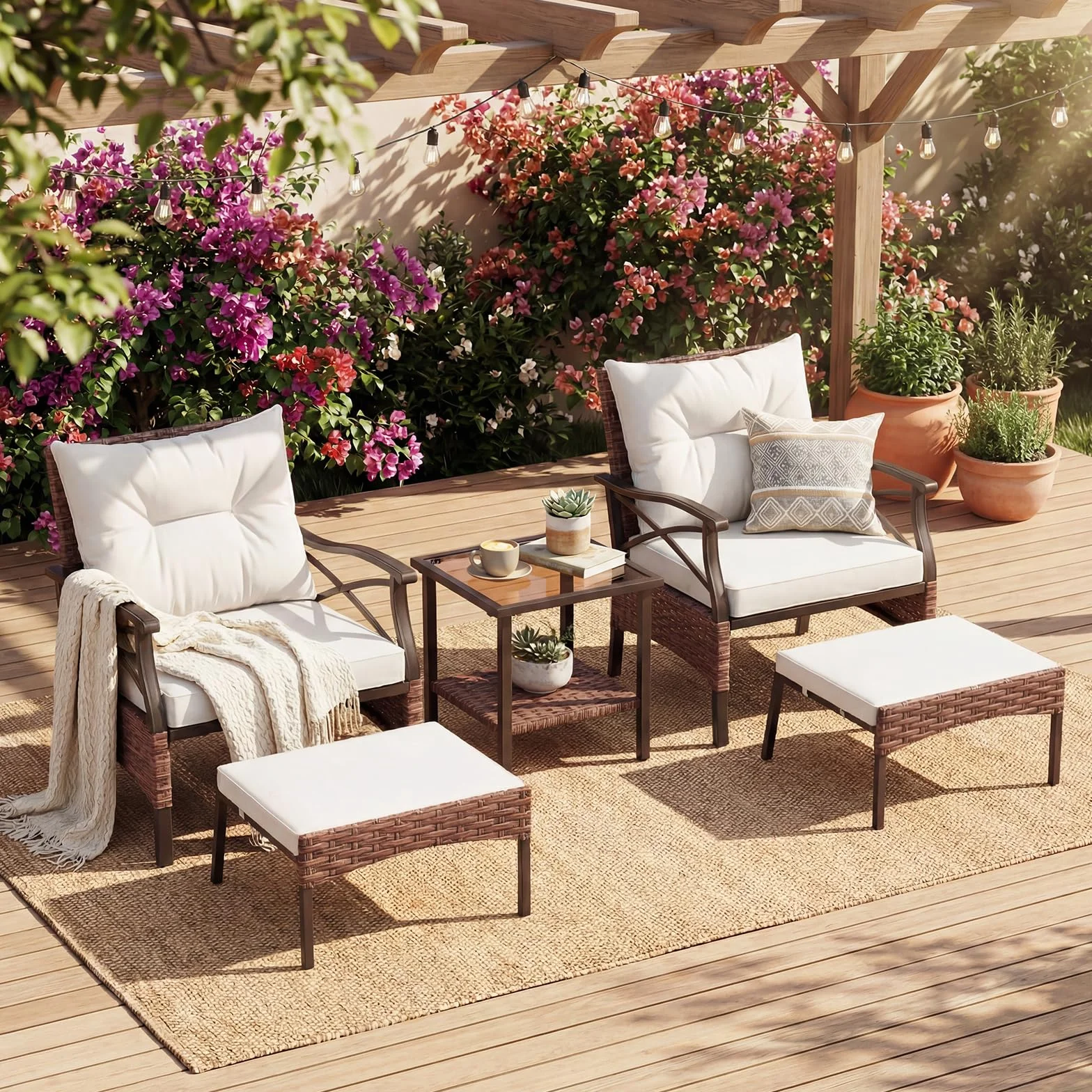 GIANTEX Set da Giardino in Rattan per 2 Persone con Poltrone e Sgabello