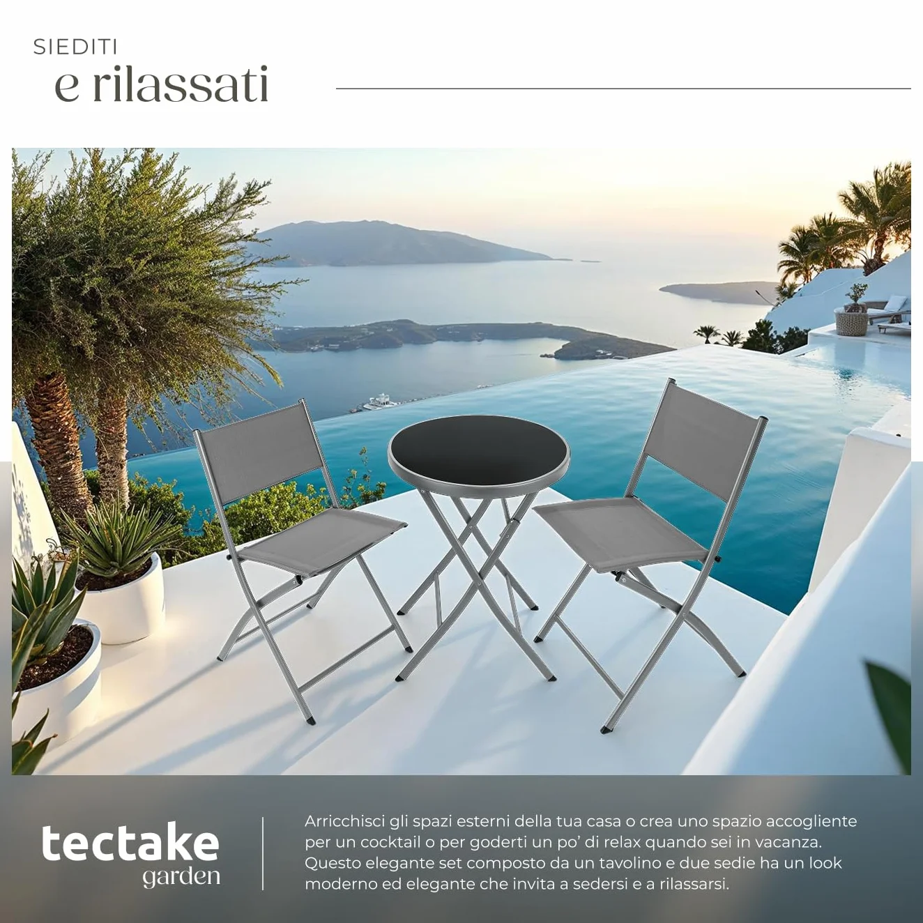 Set da Balcone Düsseldorf Tavolino Salotto con Piano in Vetro e 2 Sedie Mobili da Giardino con Telaio in Acciaio Richiudibile Trasportabile Design Moderno Grigio