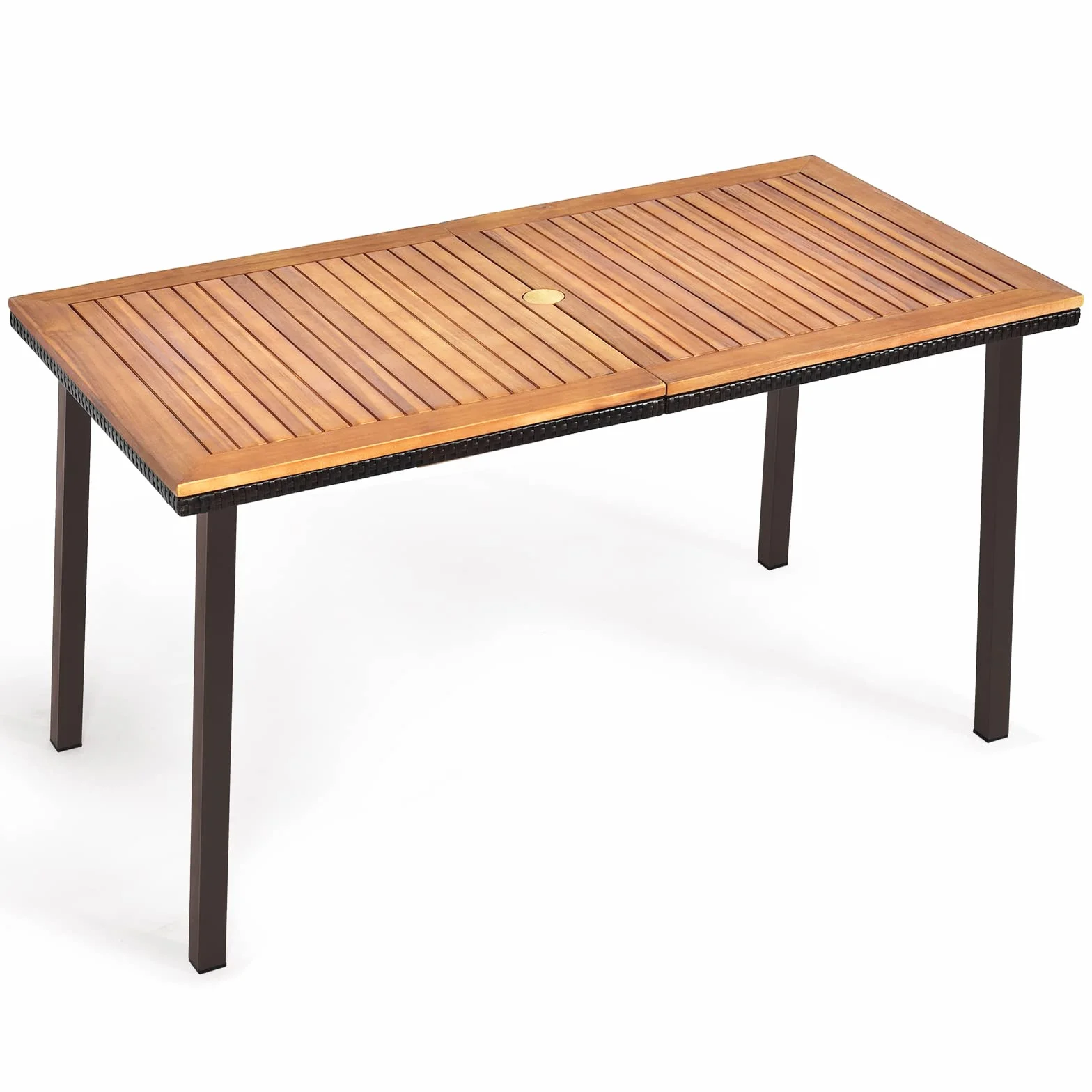 KOMFOTTEU Tavolo da Giardino Rettangolare con Foro per Ombrellone, Tavolo da Esterno in Legno di Acacia, Tavolo da Pranzo con Gambe in Metallo per 6-8 Persone, 140 x 75 x 76 cm