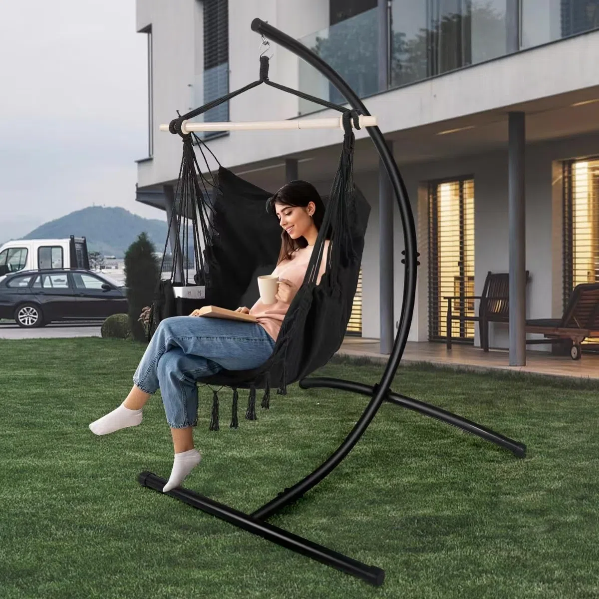 Goutime Sedie a dondolo Supporto per amaca,Sostegno per Sedia Sospesa,Supporto per Appendere Sedile Sospeso Dondolo, Carico Fino 158KG, Acciaio, Sospesa supporto dondolo,Solo stand（Nero ）