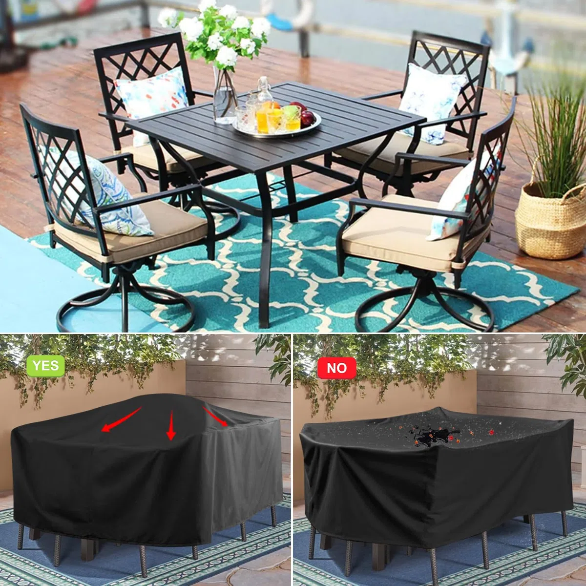 Copertura Tavolo Esterno Telo Copri Tavolo Arredo Rettangolare 160x160x74cm Copertura per Mobili da Giardino Panno 420D Oxford Impermeabile Copertura Telo Copri Tavolo, Antivento Anti-UV Nero