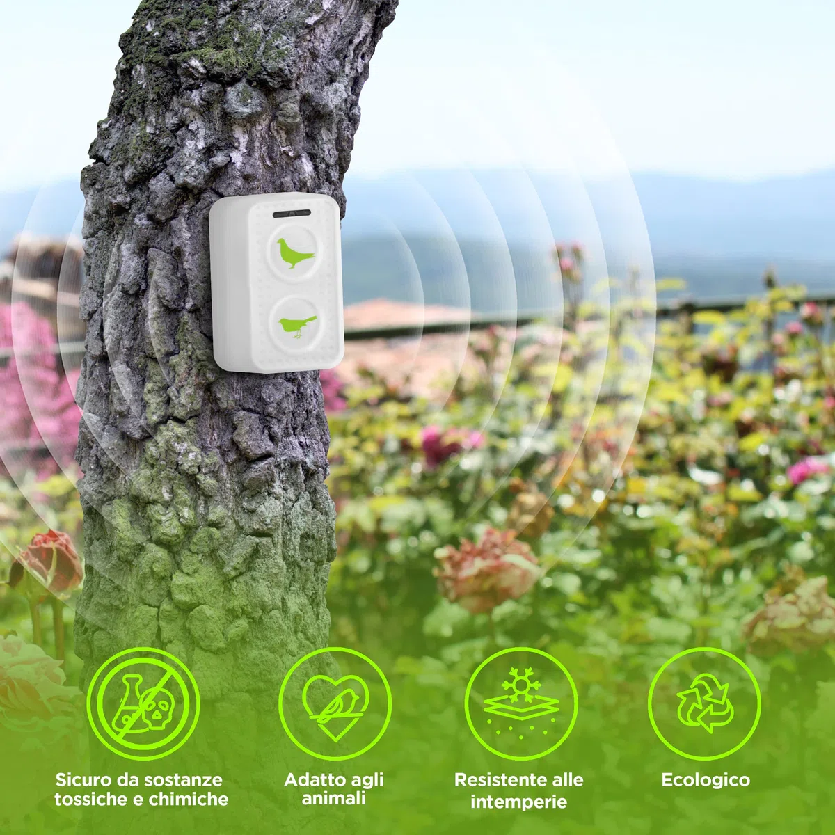 ISOTRONIC dissuasore uccelli ultrasuoni piccioni passeri gabbiani corvi batteria balconi tetti giardini raggio 50m² 2 unità efficace esterno protezione difesa stop volatili ecologico mobile casa