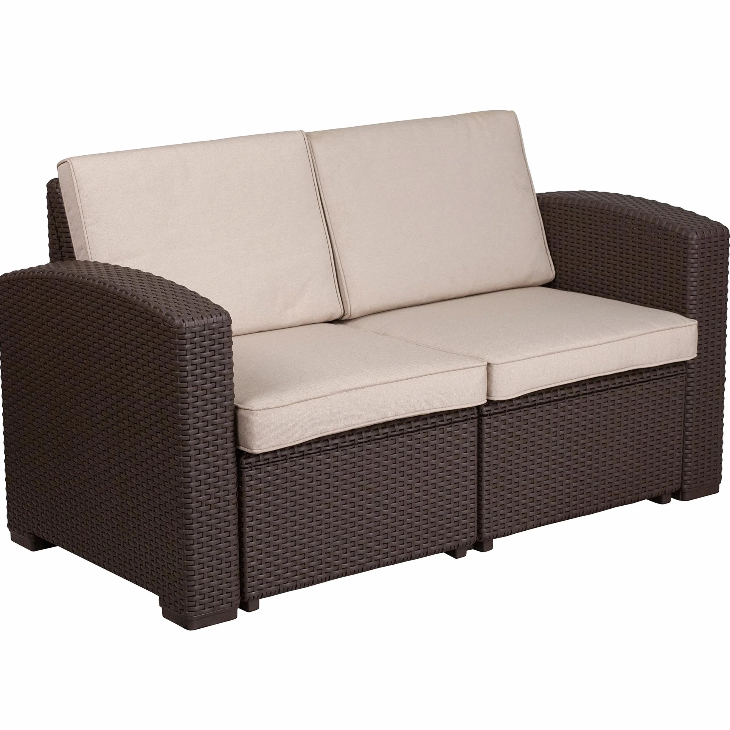 Flash Furniture Divanetto Seneca in finta rattan marrone cioccolato con cuscini beige resistenti a tutte le condizioni atmosferiche