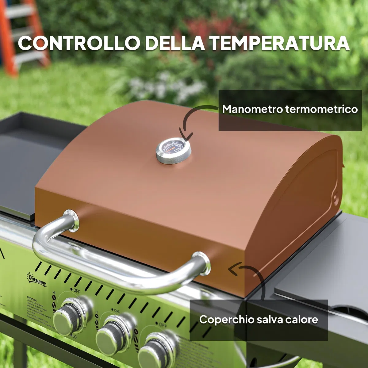 Outsunny Grill Gazowy 4+1 Palniki 12kW z Termometrem, Stal, Czarny Srebrny