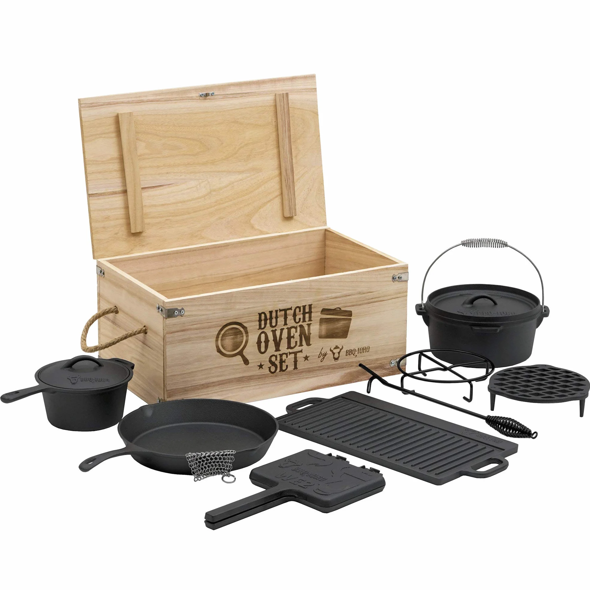 BBQ-TORO Dutch Oven Set in Scatola di Legno | ghisa - già Cotto | Ferro per cialde, casseruola, Padella per grigliate, Piastra per grigliate, griglia impilabile, sottopentola (10 Pezzi)
