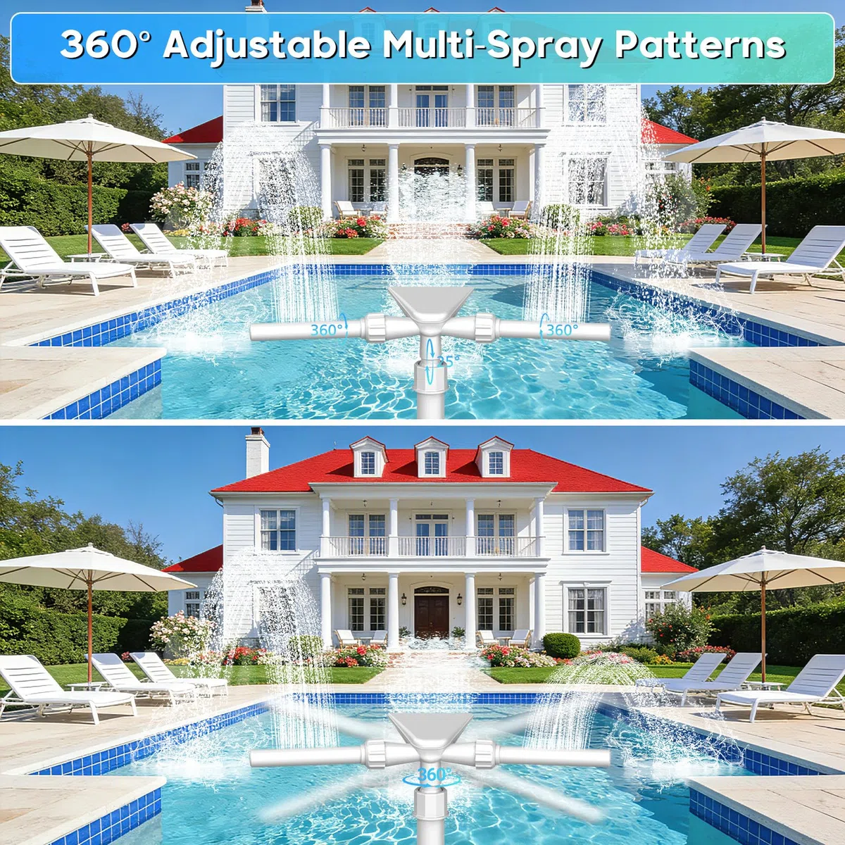 Mooroer Piscina Fontana 3 in 1, Cascata Fontana Sprinkler Piscina Regolabile a 360° per Piscine Fuori Terra e Interrate, Accessorio Piscina Compatibile con Raccordi di Ritorno I*tex/Col*m*n, Relax