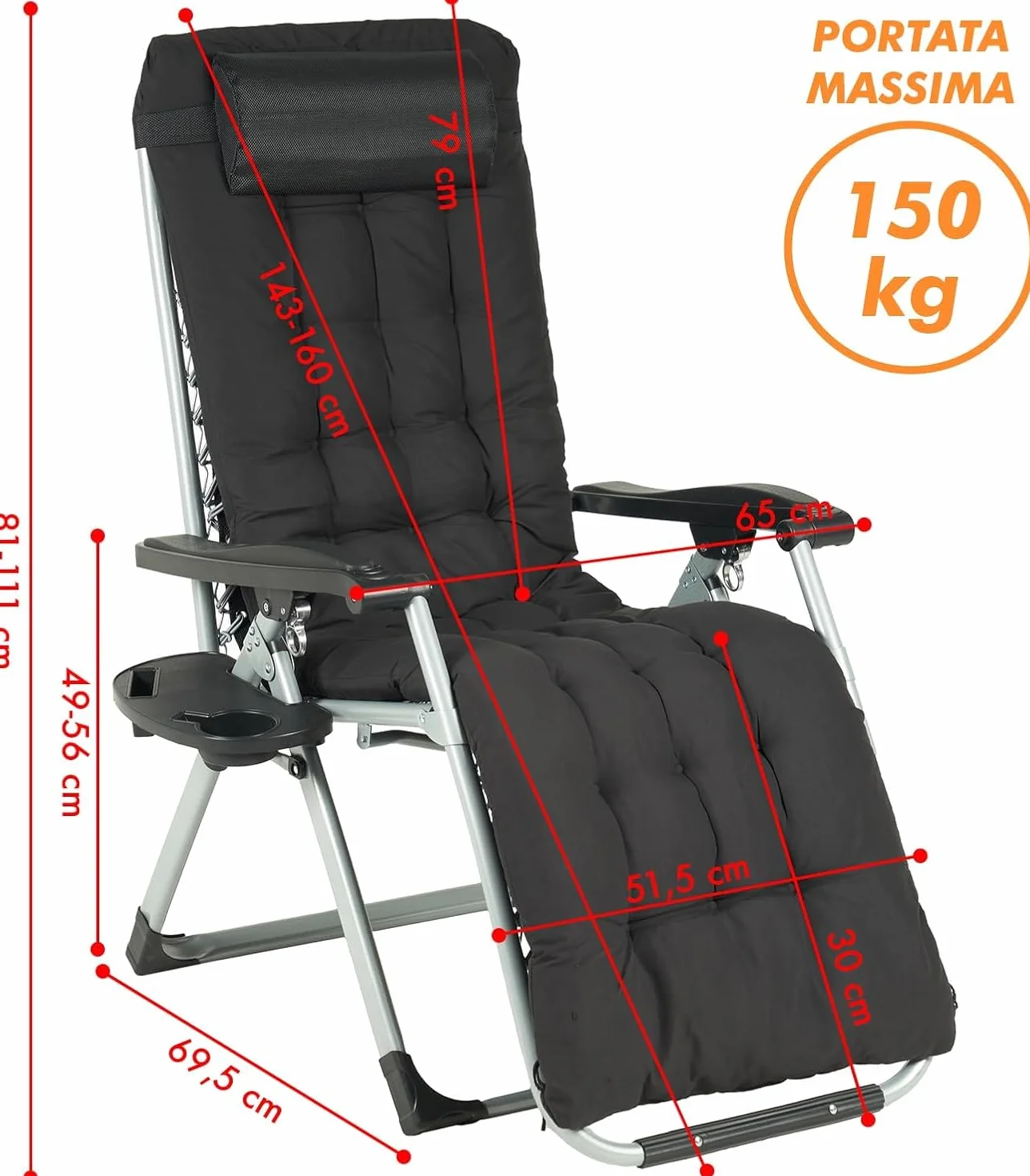 IlGruppone Sedia Sdraio 0 gravità Reclinabile Giardino Poltrona Pieghevole Relax Prendisole Lettino Cuscino Imbottito Portabicchiere Patio Campeggio Spiaggia con Poggiatesta Regolabile - Nera