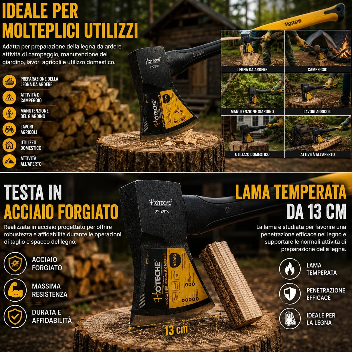 Mazza Accetta Spaccalegna 1250 g Manico 80 cm ABS Antiscivolo Ascia Legna Acciaio Forgiato Lama Temperata 13 cm
