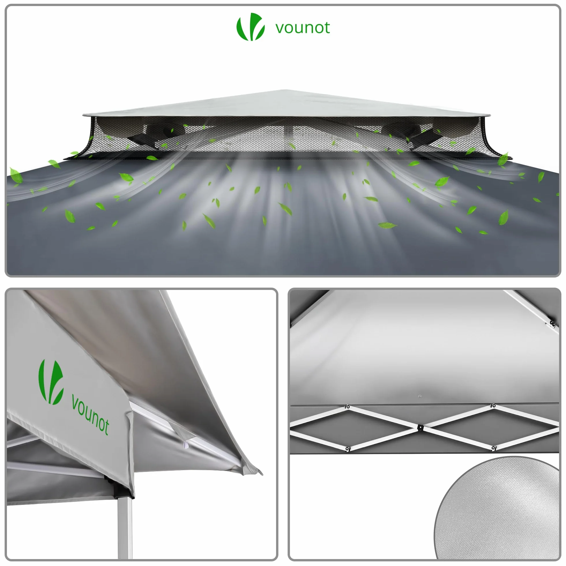 Gazebo da Giardino Esterno 3.6x3.6m Pieghevole Anti-UV con Struttura in Acciaio Tetto Doppio Grigio