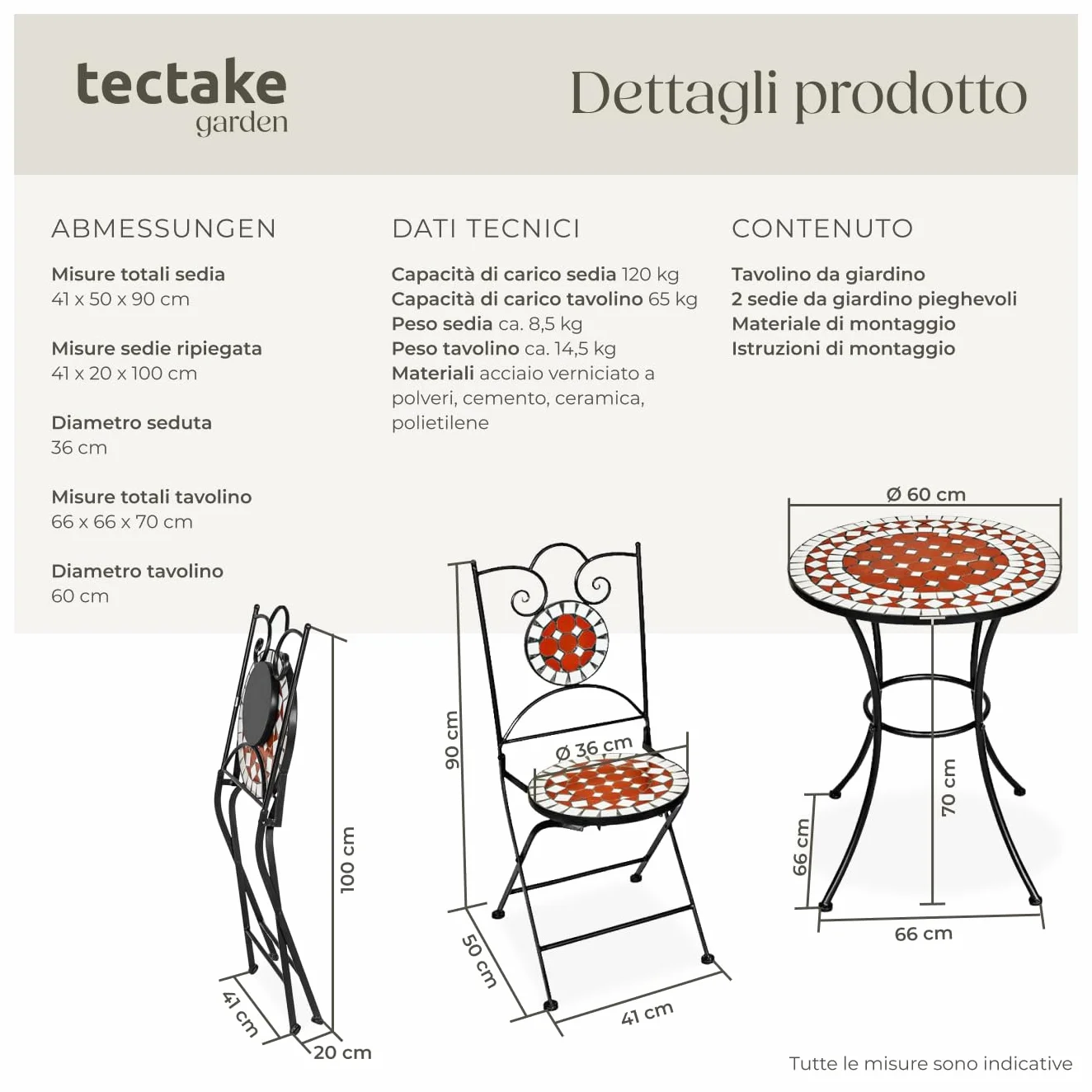tectake Set da Giardino con Lavorazione a Mosaico, Tavolino e Sedie Pieghevoli, Telaio in Metallo, Marrone