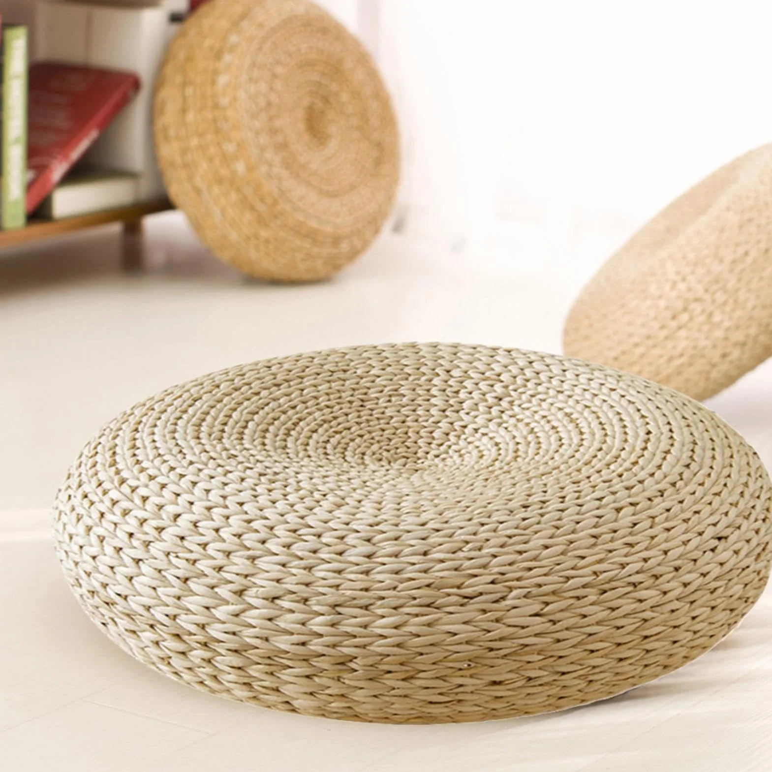 Futon, Cuscino in Vimini Naturale, Cuscino rotondo Tatami, Cuscino Seduta in Paglia da Terra Rotondo Tatami, Traspirante, Cuscino Rotondo da Pavimento, Decorazione per Salotto da Giardino