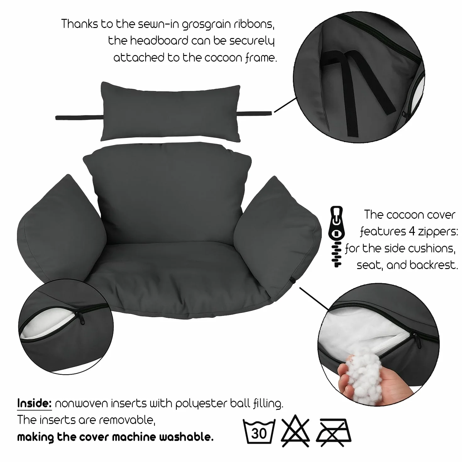 Ferocity Cuscino per sedia amaca, Sedia in Rattan Cuscino, Dondolo Sospesa, Cuscino per sedia con cuscino per la testa di, rivestimento rimovibile, con lacci attaccati, Beige [114]