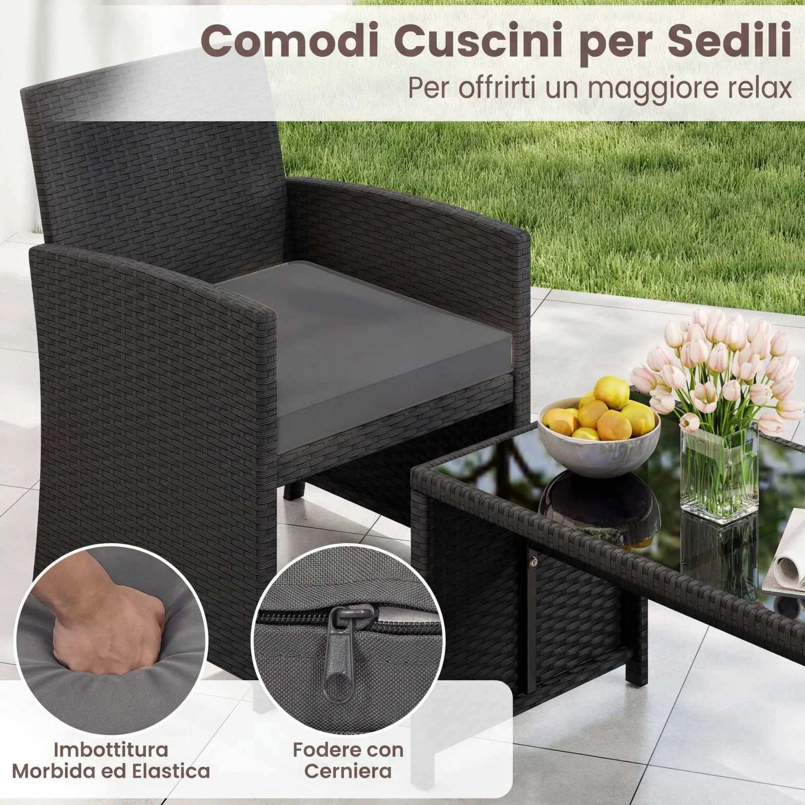 COSTWAY Set Salotto da Giardino 4 Pezzi, Divanetto e Poltrone in Rattan con Tavolino da Caffè in Vetro Temperato, Grigio
