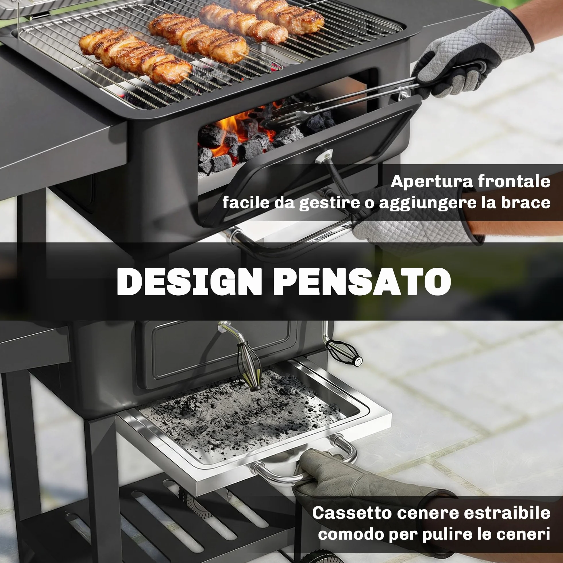 Outsunny Barbecue Carbonella Carrello BBQ Portatile con Griglia e Coperchio, Nero