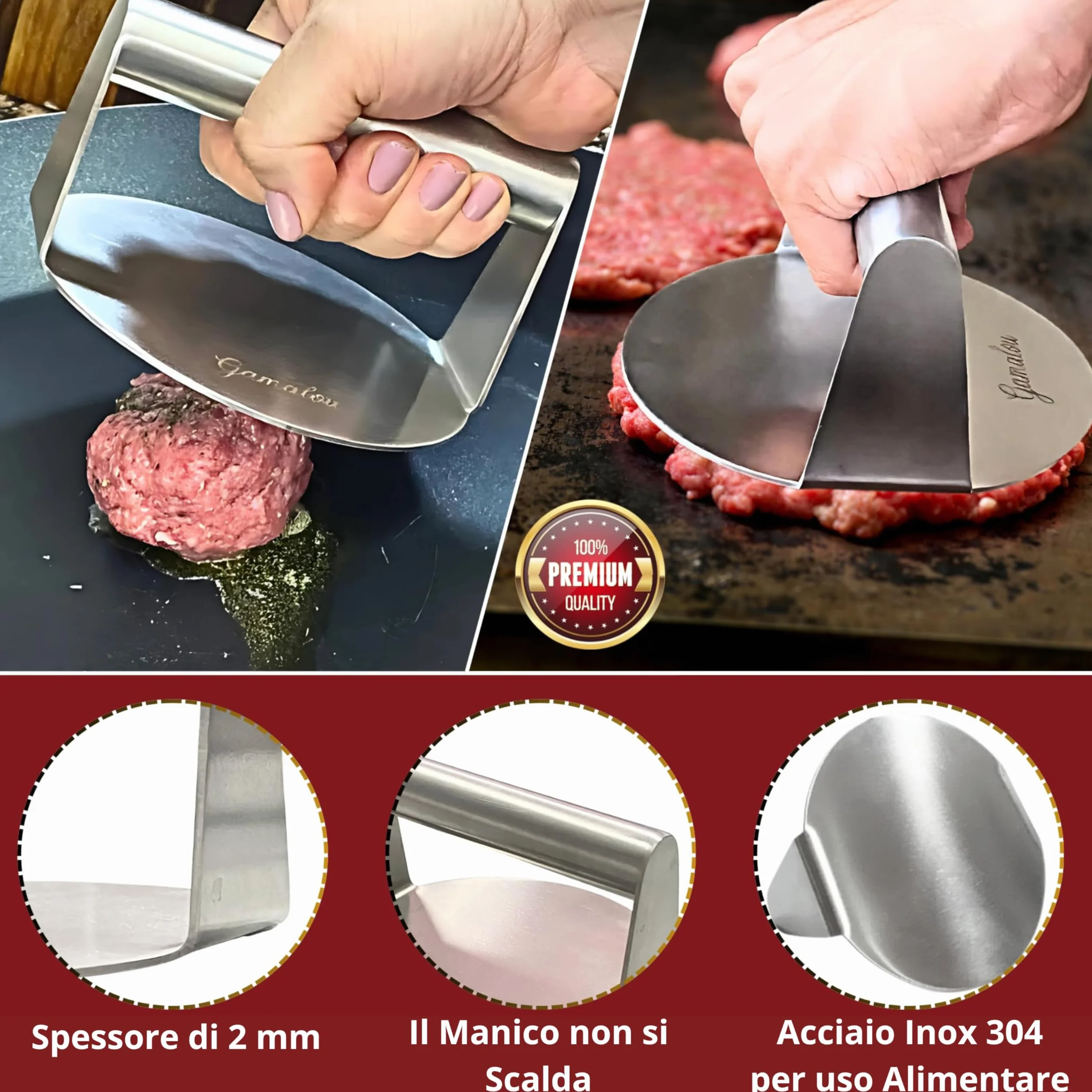 Smash Burger Kit Professionale in Acciaio Inox: Pressa Hamburger, Spatola 13 cm, Raschietto 10 cm, 2 Cloche, Anelli Uovo e Spargispezie per Griglia, Piastra, Padella – Certificato EU