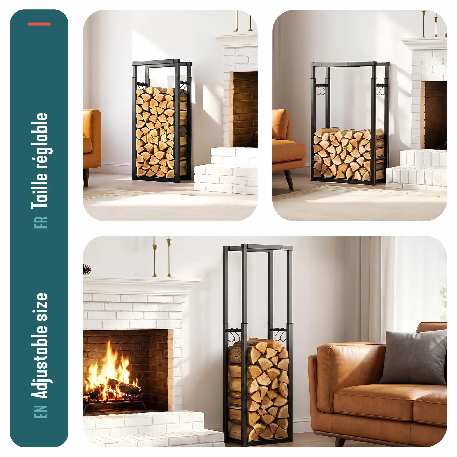 Legnaia da Esterno in Metallo 65x25x150 cm Nero con Ganci