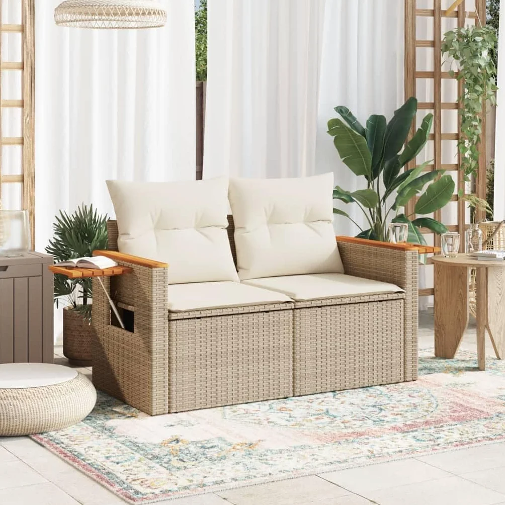 IKAYAA Divanetto da Esterno 2 Posti con Contenitore Divano da Giardino in Polyrattan Salotto da Giardino in Polyrattan Set da arredo per Esterno con Cuscini-Beige e Bianco-2 pz
