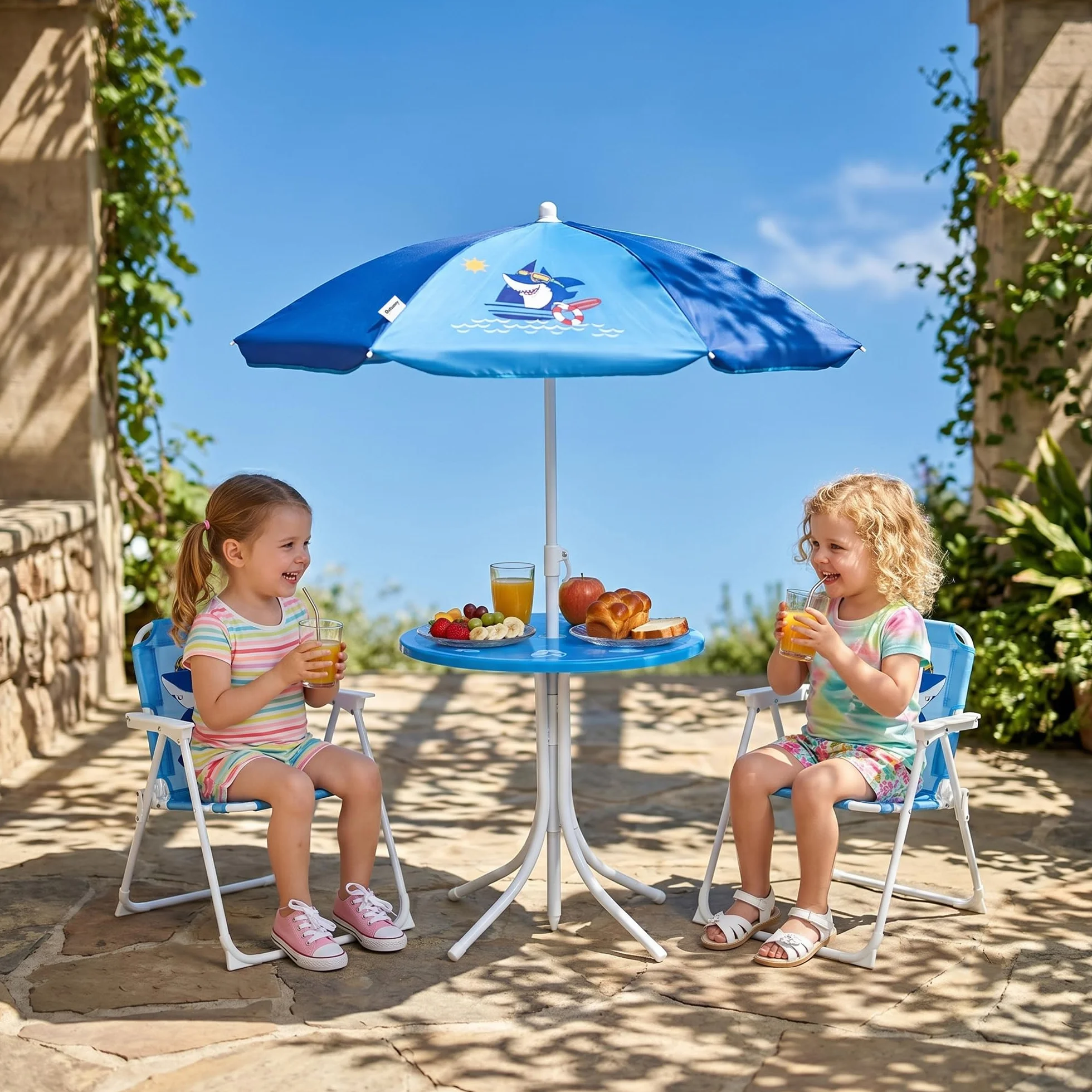 Outsunny Tavolo e Sedie per Bambini da Giardino con Ombrellone Regolabile, Set 4 Pezzi, Blu