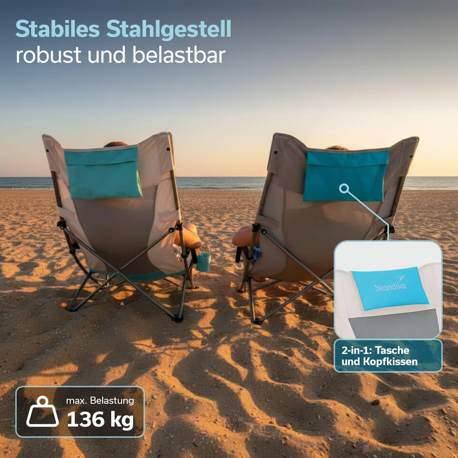 Skandika Sedia da spiaggia pieghevole - rete traspirante, portabicchieri, facile da trasportare e da piegare - peso massimo dell'utente 136 kg (beige/turchese)