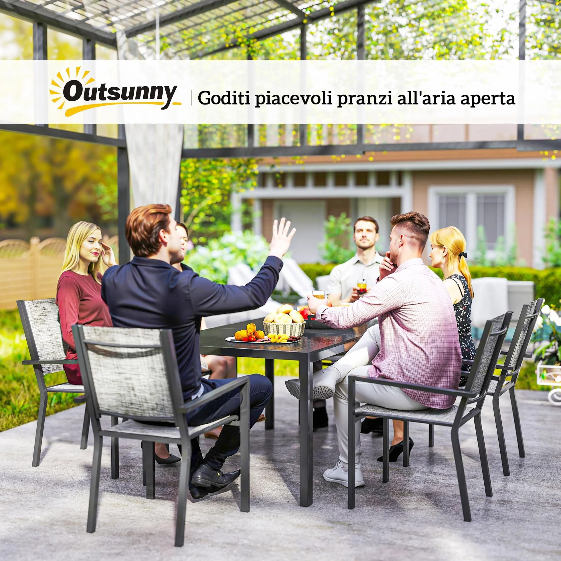 Outsunny Set Tavolo da Giardino 7 Pezzi, Pranzo con Sedie Impilabili, Acciaio Texteline Grigio Nero