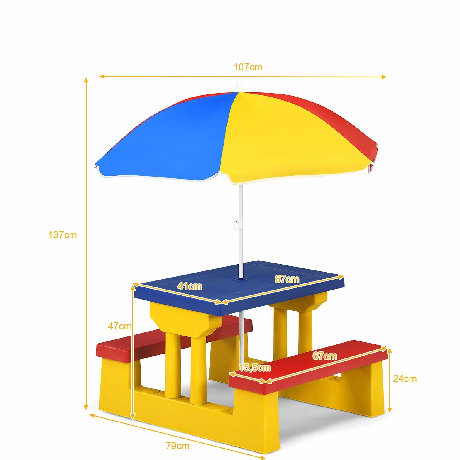 GIANTEX Tavolo da Picnic per Bambini con Parasole Pieghevole Giallo Rosso Blu
