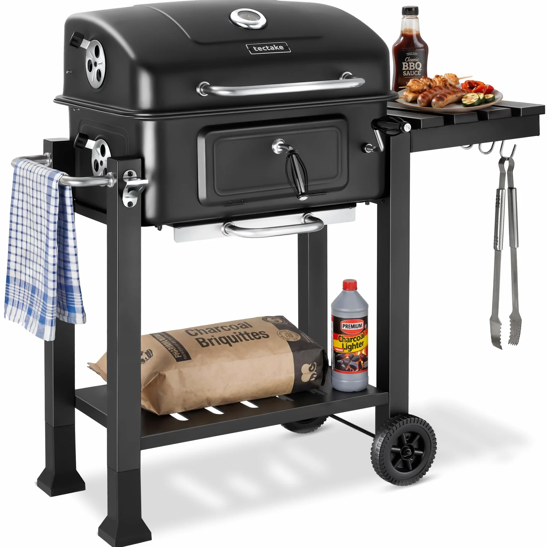 Tectake Barbecue Carbonella Portatile 110x64x104 cm Griglia Acciaio 3 Ganci 2 Ruote Cassetto Carbone Termometro Coperchio Nero