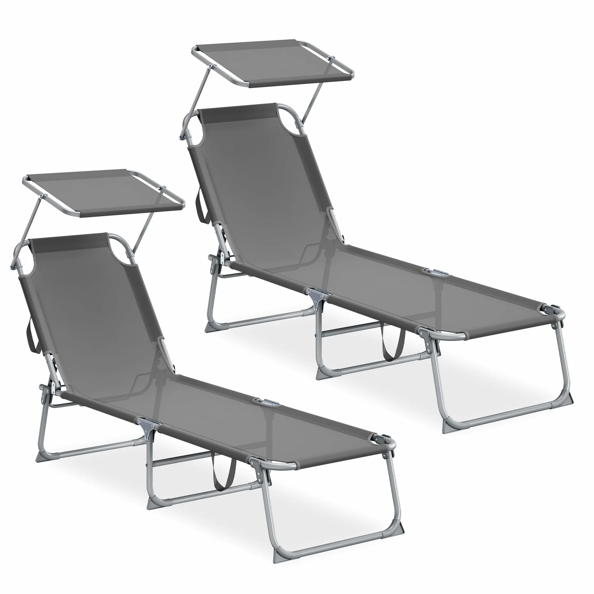 SONGMICS Sedie a Sdraio Pieghevoli, 189 x 53 x 28,5 cm, Lettini Prendisole, Portata 110 kg Ciascuno, Parasole e Schienale Regolabili, per Terrazza e Balcone, Set da 2, Grigio GCB294GZ02
