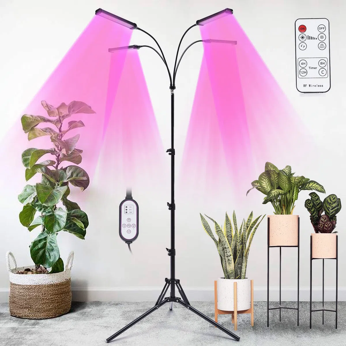 Lampada a 4 teste per piante da interno, luce solare, con clip, per piante e piante