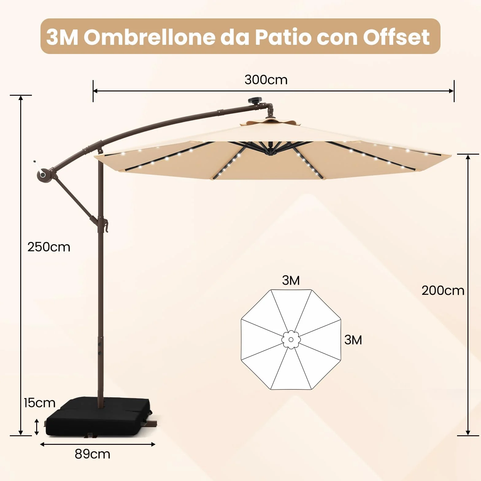 COSTWAY Ombrellone da Giardino 300 cm, Luci LED Solari, Anti-UV, Inclinazione Regolabile, Manovella, Beige