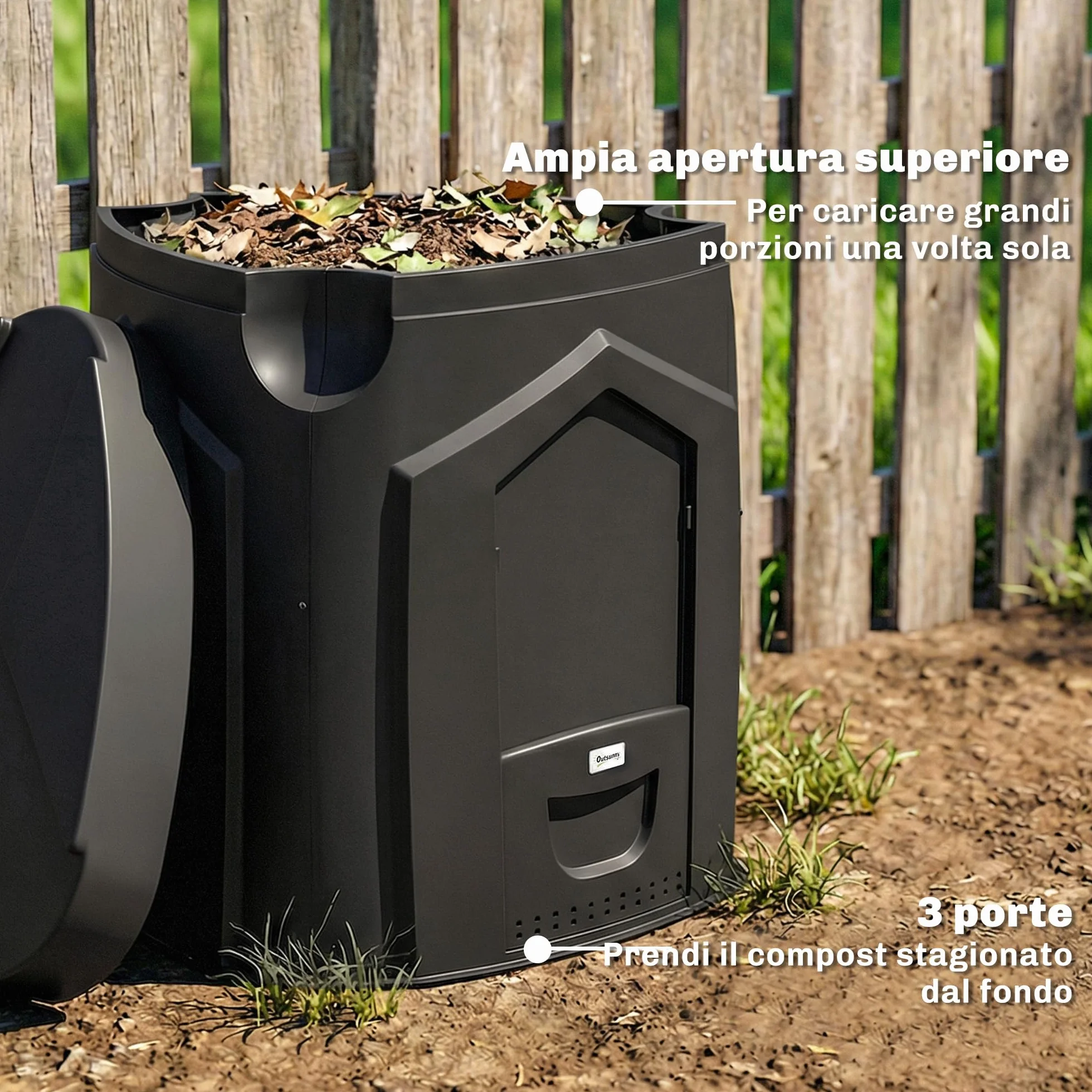 Outsunny Compostiera da Giardino 240L Triangolare Girevole con 66 Prese d'Aria e 3 Porte, 78x75x78 cm, Nero