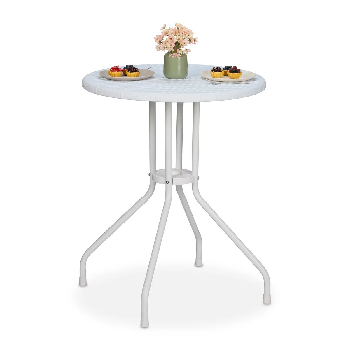 Relaxdays Tavolino da Giardino Rotondo, HxD 73 x 60 cm, Aspetto Rattan, Tavolo in Plastica e Acciaio, da Esterno, Bianco