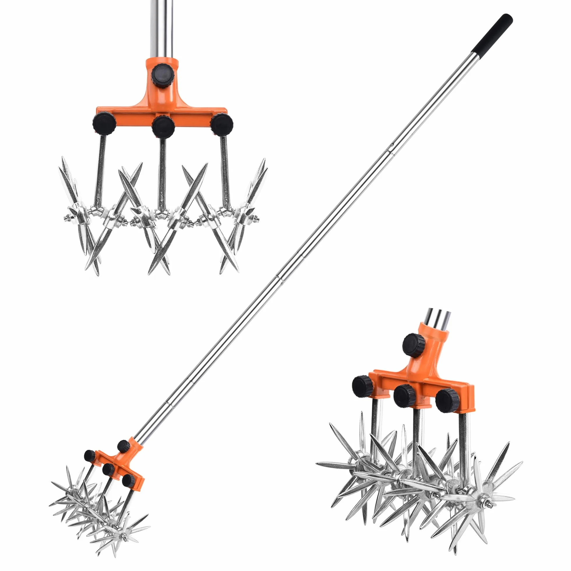 BARAYSTUS Rotary Cultivator Garden Rotary Tiller Adjustable Stainless Steel Poles Hand Tiller for Soil Mixing or Reseeding Grass Lawn Tiller Total Length 145cm