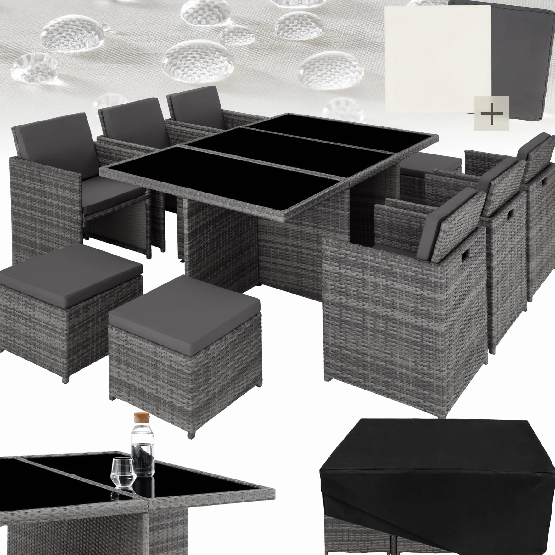Set di Mobili da Giardino Poli Rattan Alluminio 6 Sedie 1 Tavolo 4 Sgabelli Grigio