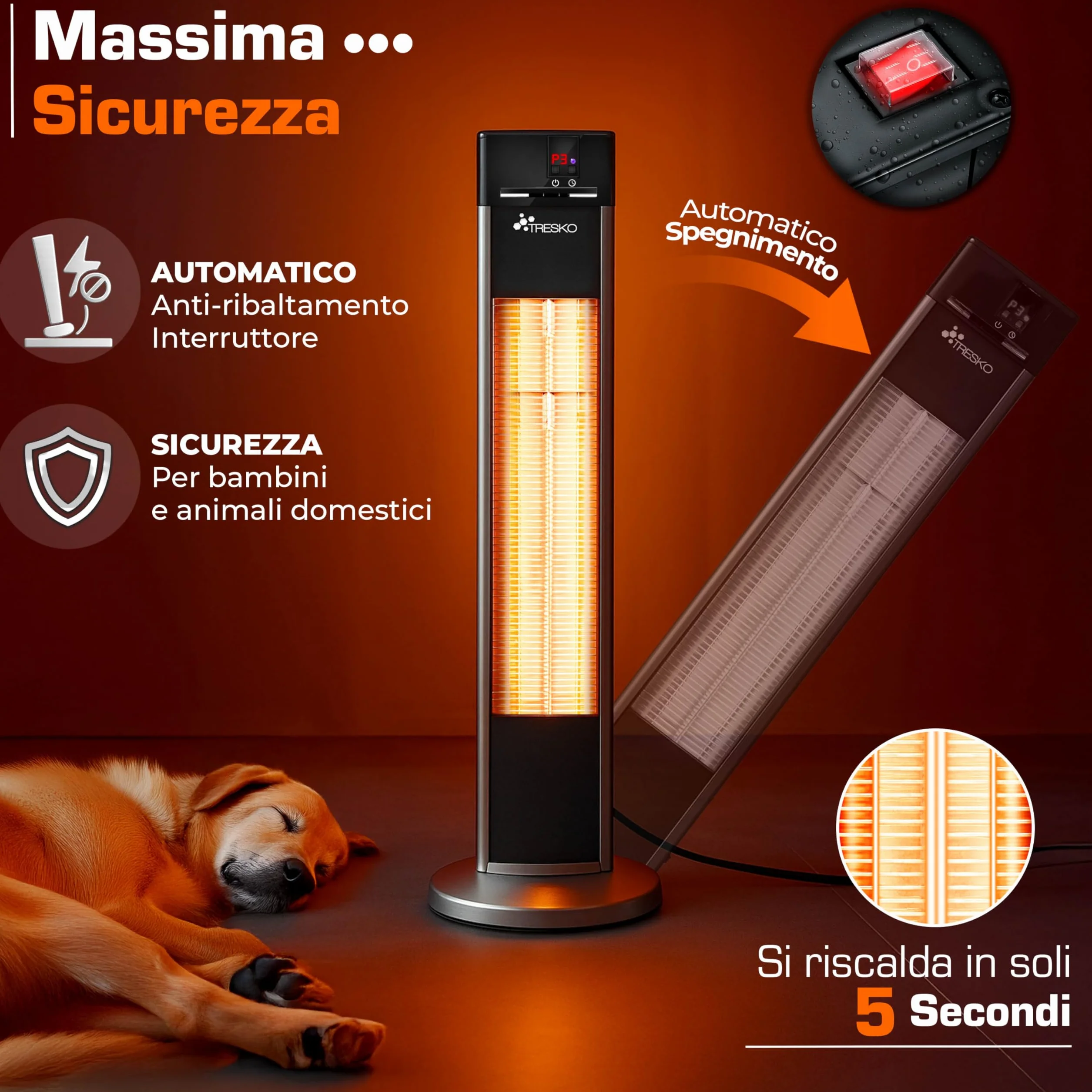 TRESKO Stufa a Infrarossi 2000W Torre Telecomando 3 Livelli Calore Riscaldatore Elettrico da Terrazzo