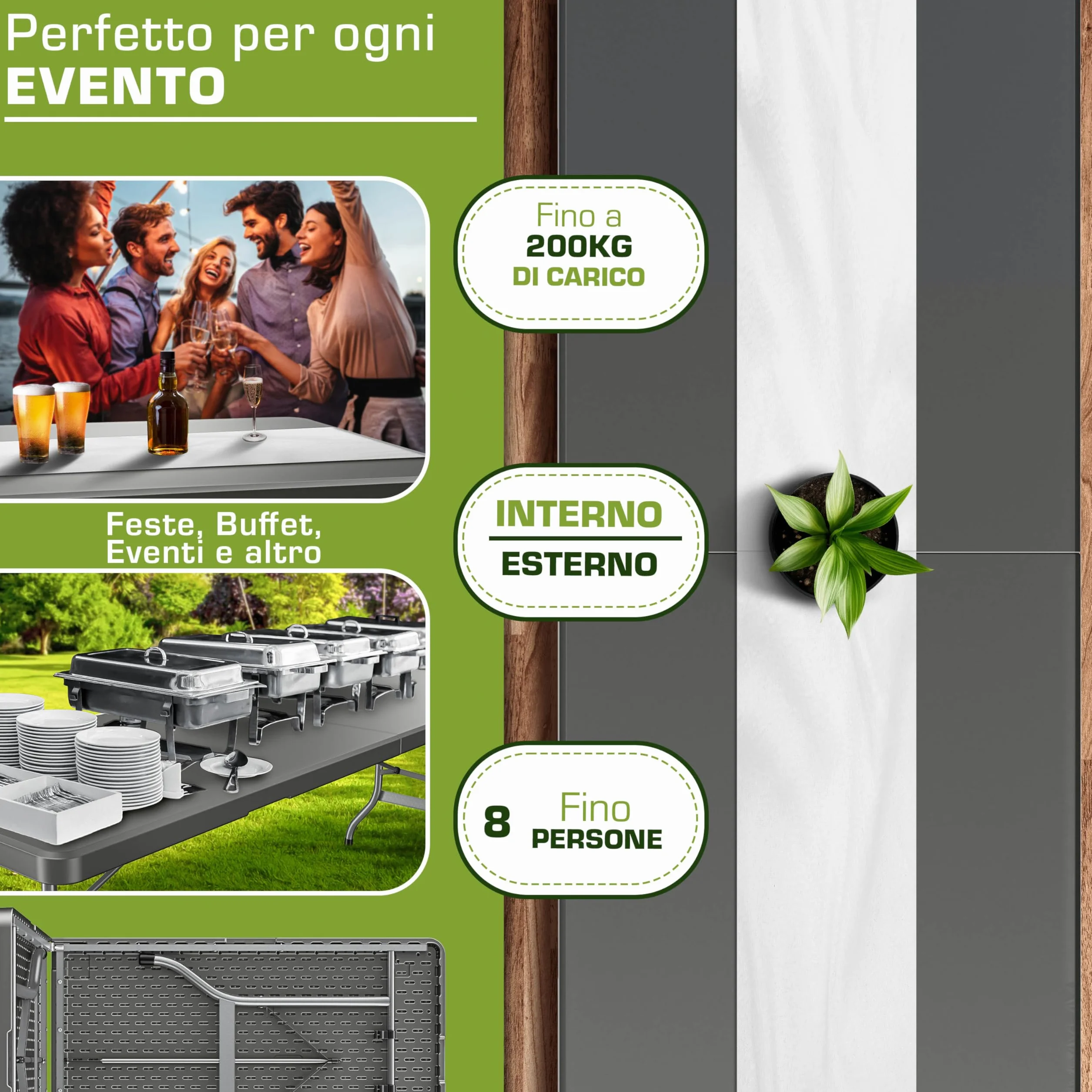 tillvex Tavolo da giardino pieghevole 180x75cm plastica