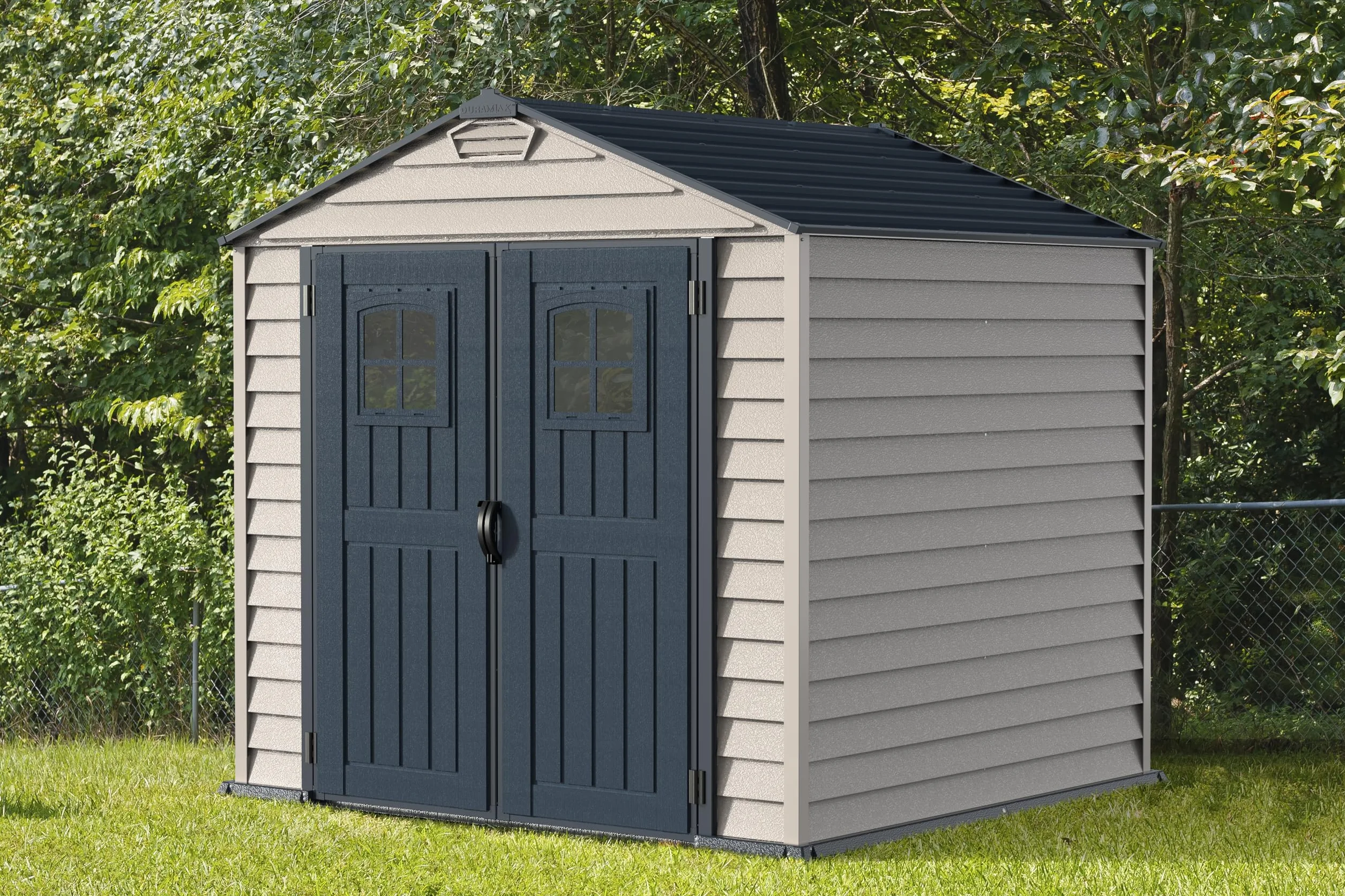 Duramax StoreMax Capanno da giardino in plastica, 7 x 7, con pavimento, e finestra fissa su porte, struttura in metallo resistente ignifugo e senza manutenzione, Grigio scuro/Adobe