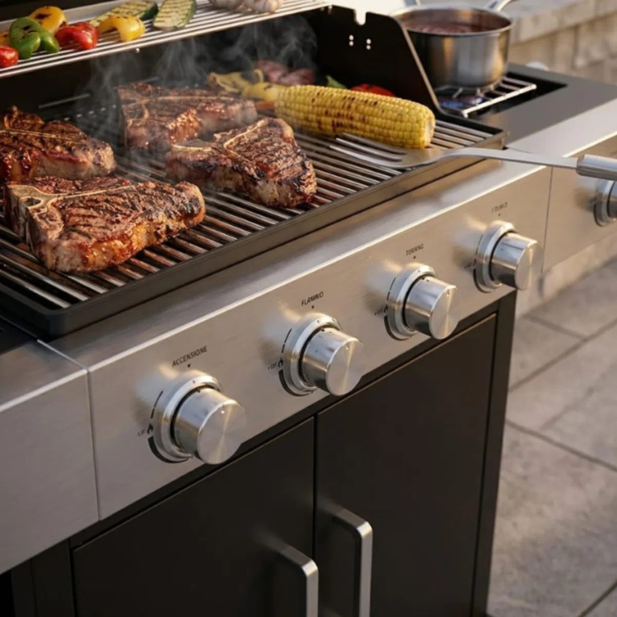 Meridiana Barbecue a Gas Professionale XXL 5 Fuochi 13 KW con Bruciatore Laterale Griglia Acciaio Ghisa