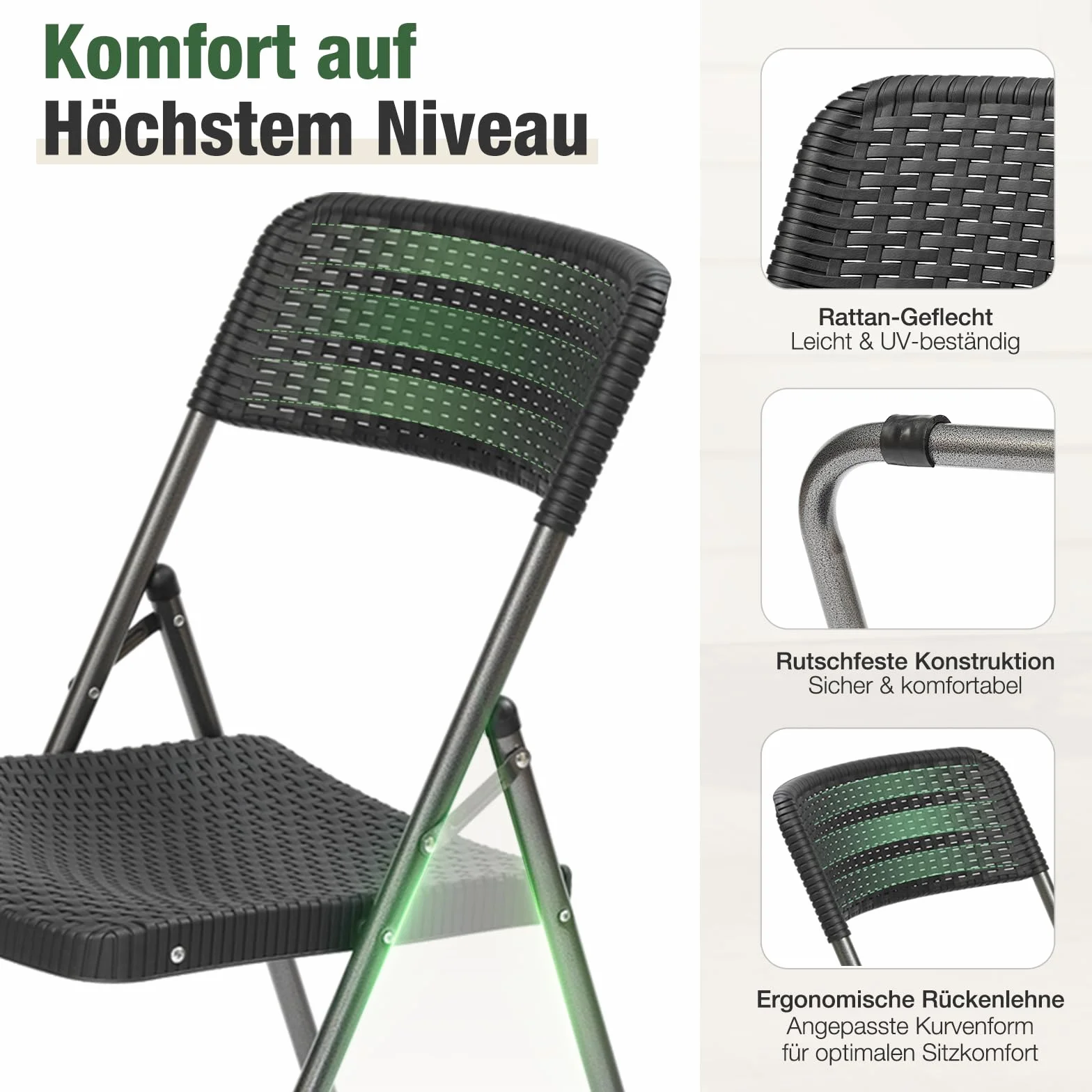 Sekey Sedia da giardino pieghevole in rattan 200 kg 46x53x84 cm impermeabile nero