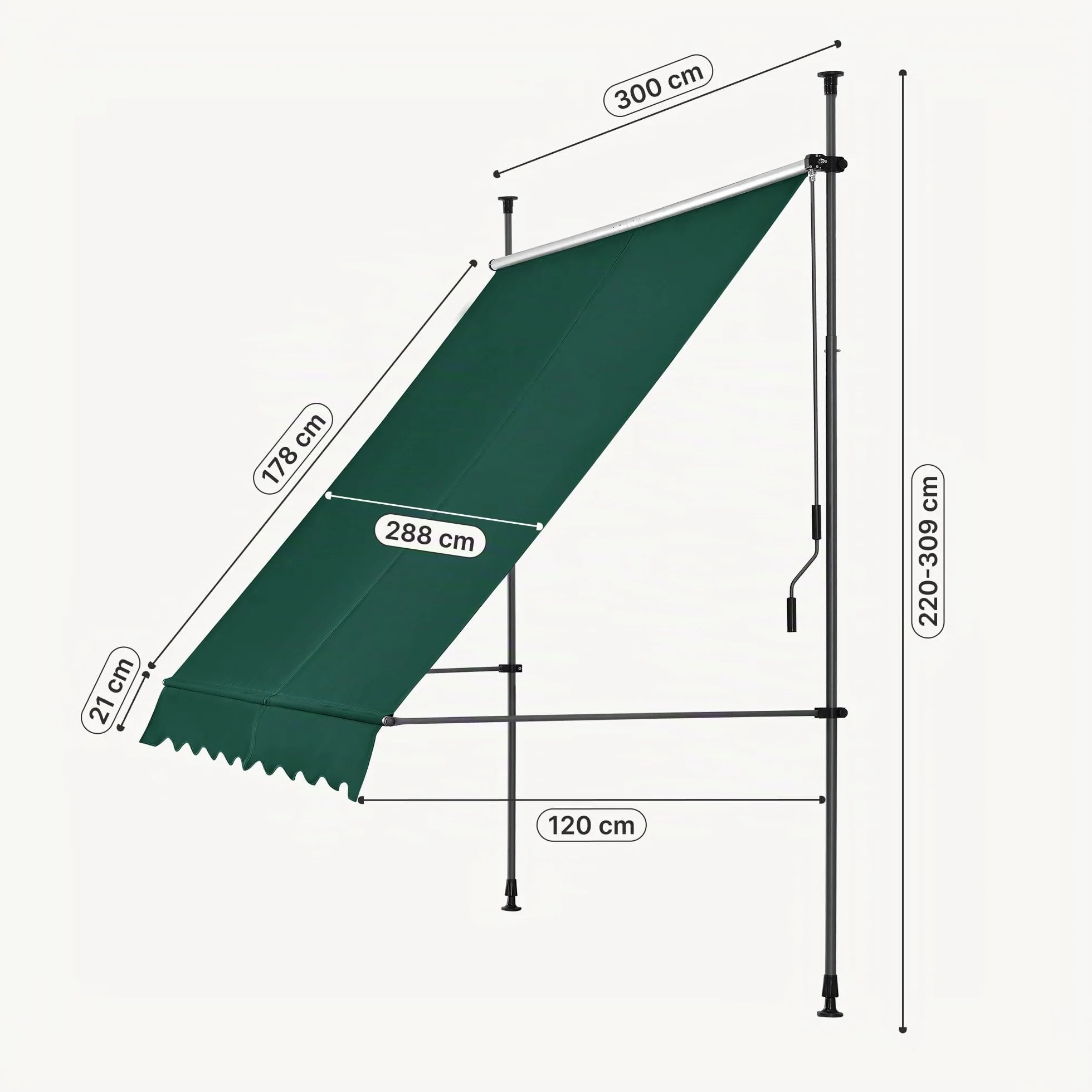 pro.tec Tenda da Sole a Muro 300x120 cm Verde Scuro con Pali Telescopici Manovella