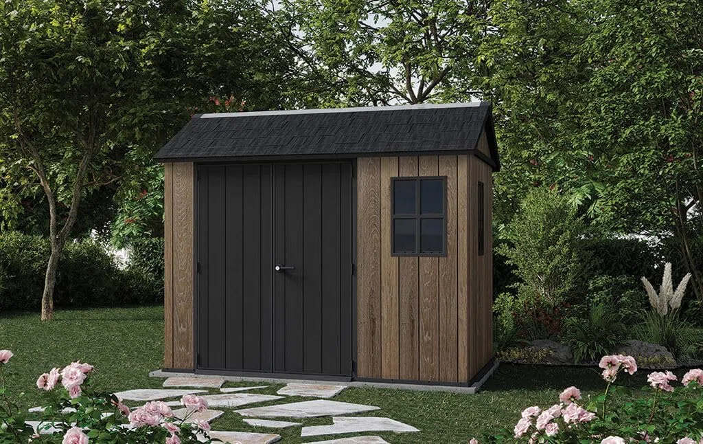 Keter Casetta da Giardino Apex 759/975 Walnut, Effetto Legno Noce Naturale, Porte e Finestre Orientabili, 5,2 m², 230x287x246H cm