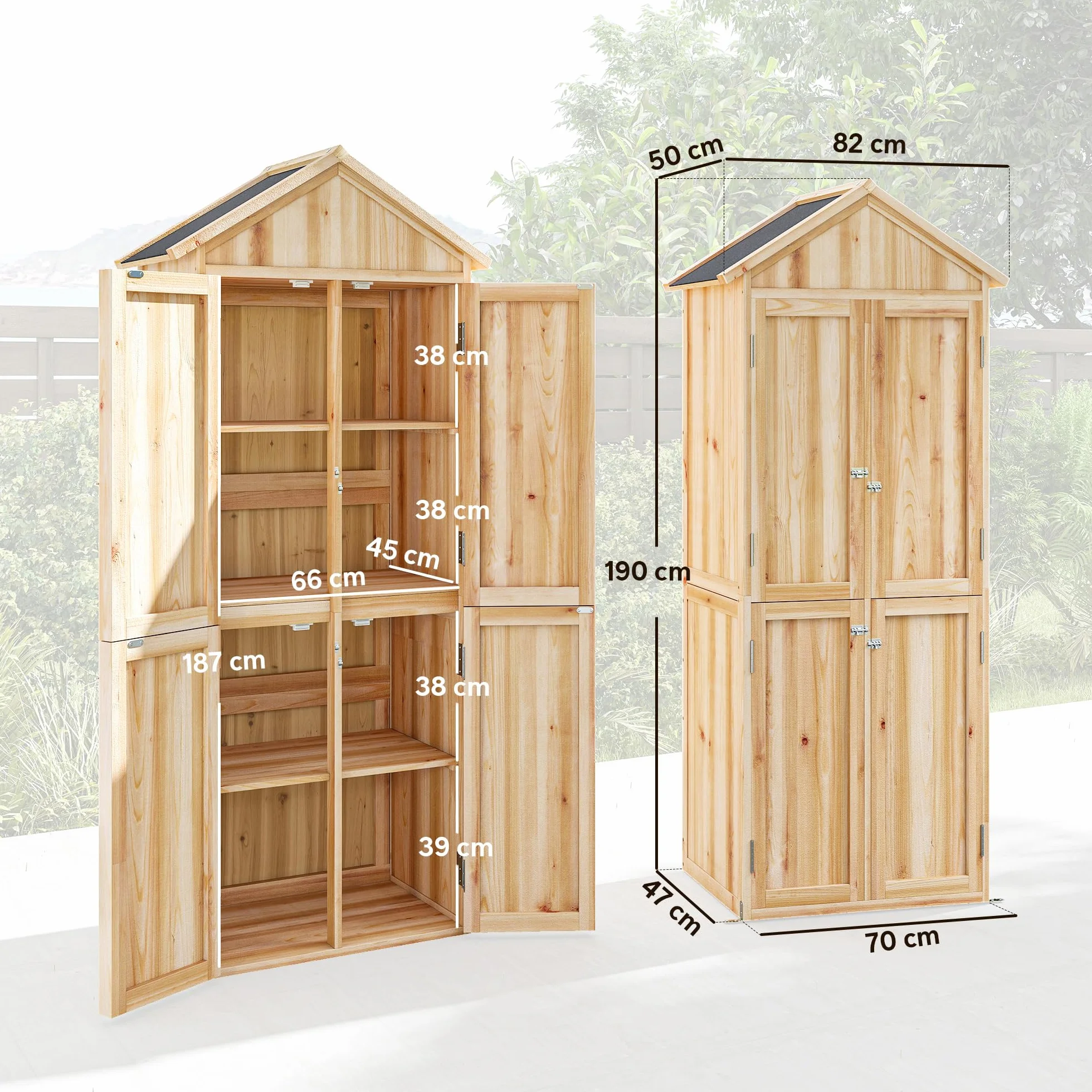 Outsunny Armadio da Giardino in Legno di Abete con Kit Antiribaltamento Casetta Porta Attrezzi da Esterno con Ripiani Rimovibili 4 Ante Bloccabili Tetto in Asfalto Inclinato 82x50x190 cm Color Legno