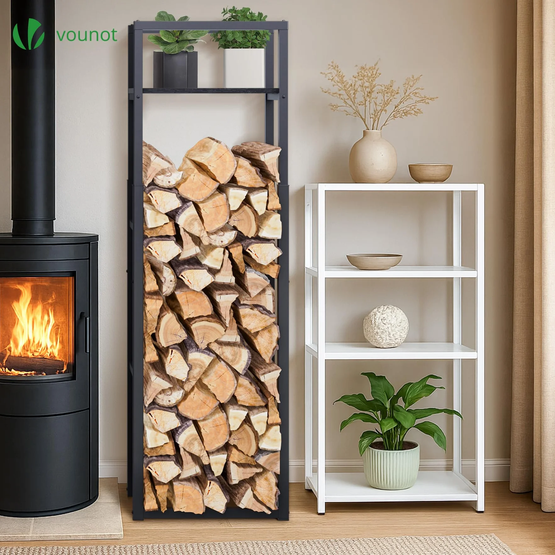 VOUNOT Legnaia in Metallo con Ripiano 45x32x120-170 cm Altezza Regolabile 3 Livelli Salvaspazio Interno Esterno Nero